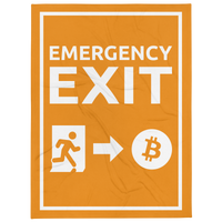 Emergency Exit bitcoin throw blanket, front view: an emergency exit sign in orange and white, the running figure heading through the doorway and an arrow pointing to a bitcoin coin, printed across the blanket.