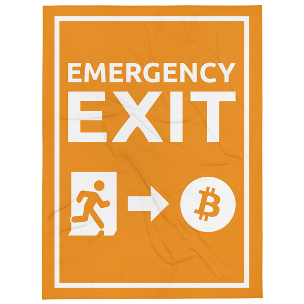 Emergency Exit bitcoin throw blanket, front view: an emergency exit sign in orange and white, the running figure heading through the doorway and an arrow pointing to a bitcoin coin, printed across the blanket.
