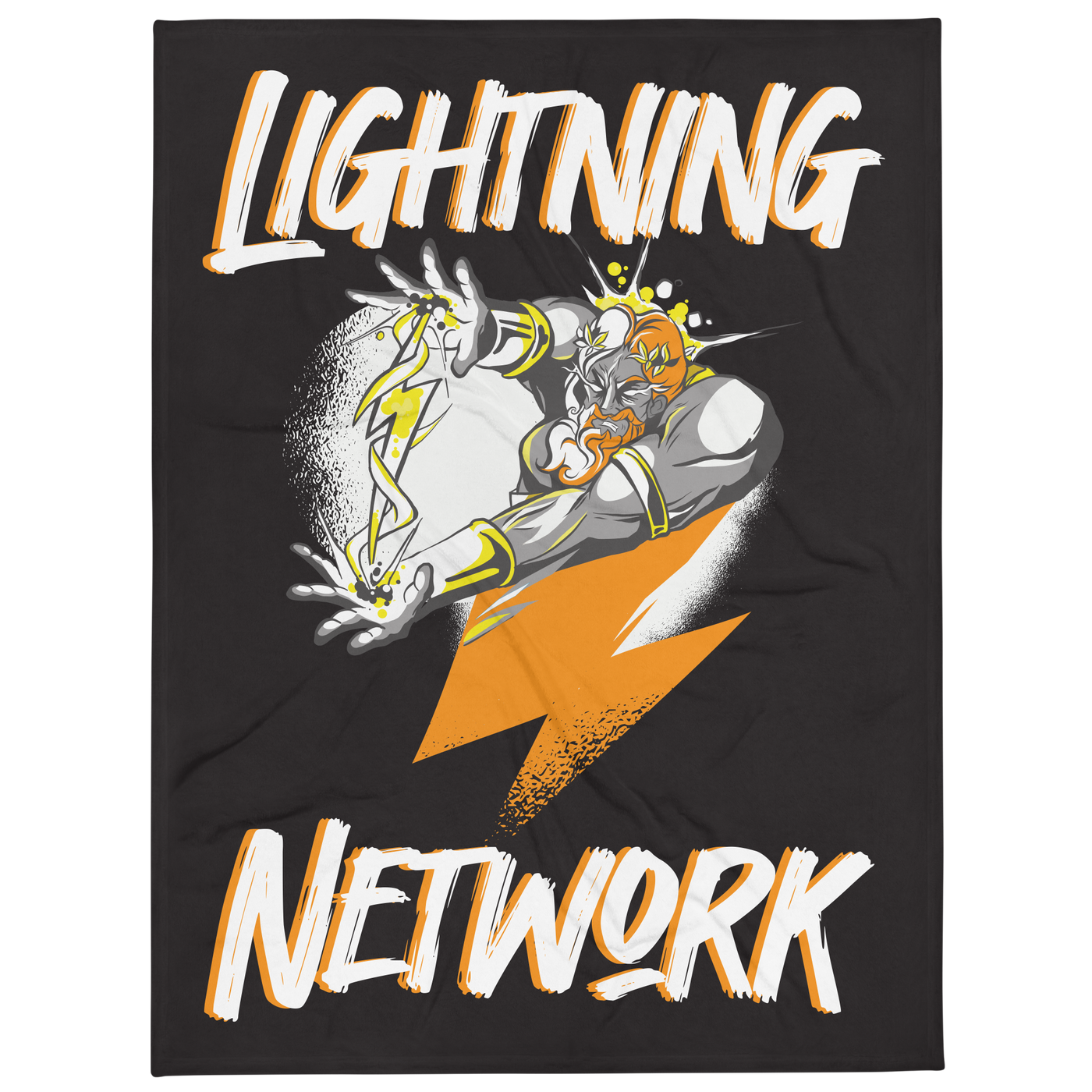 Zeus Supporter bitcoin throw blanket, front view: LIGHTNING above and NETWORK below in white brush lettering on black, with an armoured figure hurling a large orange lightning bolt, printed across the blanket.