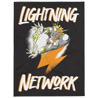 Zeus Supporter bitcoin throw blanket, front view: LIGHTNING above and NETWORK below in white brush lettering on black, with an armoured figure hurling a large orange lightning bolt, printed across the blanket.