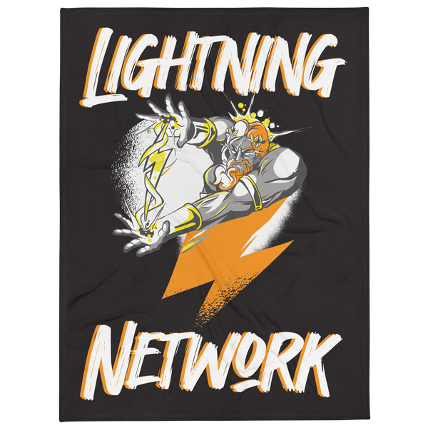 Zeus Supporter bitcoin throw blanket, front view: LIGHTNING above and NETWORK below in white brush lettering on black, with an armoured figure hurling a large orange lightning bolt, printed across the blanket.