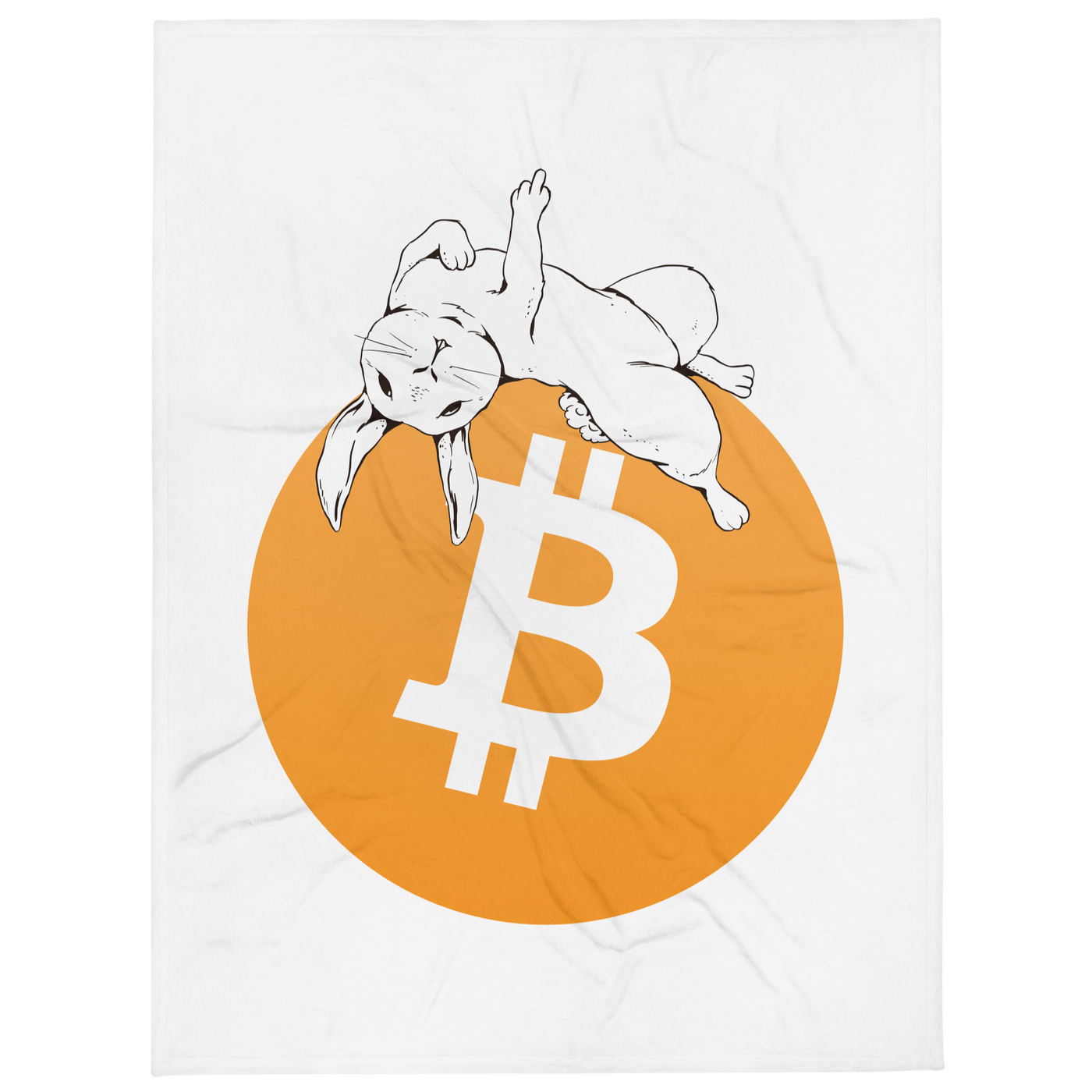 F*** Fiat Money bitcoin throw blanket, front view: a white rabbit lounging across a large orange bitcoin circle on white, printed across the blanket.