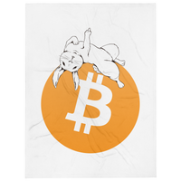 F*** Fiat Money bitcoin throw blanket, front view: a white rabbit lounging across a large orange bitcoin circle on white, printed across the blanket.
