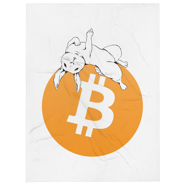 F*** Fiat Money bitcoin throw blanket, front view: a white rabbit lounging across a large orange bitcoin circle on white, printed across the blanket.