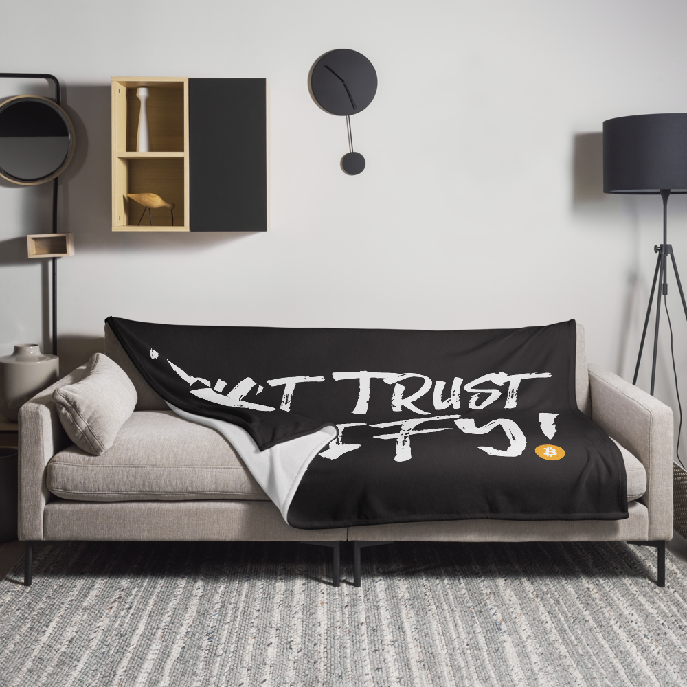 View of a sofa with a black bitcoin blanket.