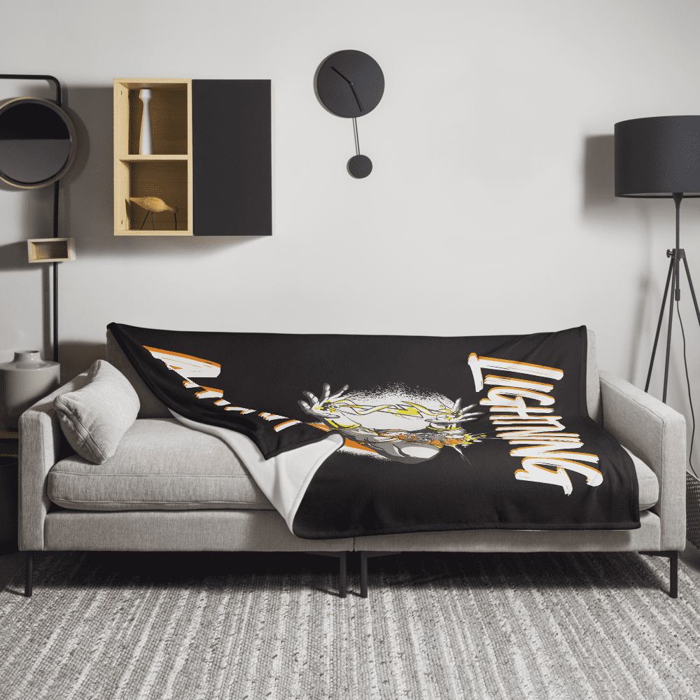 View of a sofa with a black bitcoin blanket.