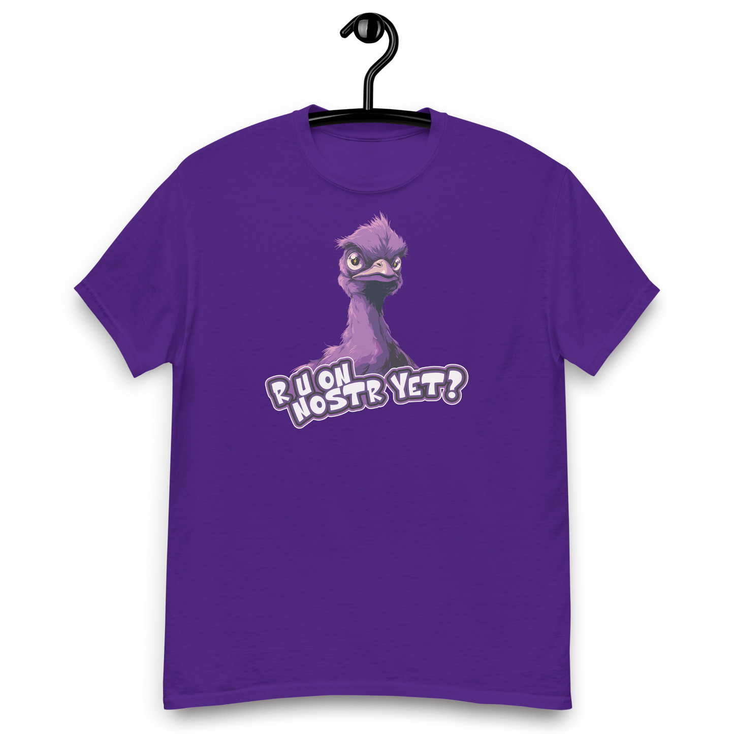 Front view of a purple nostr shirt.