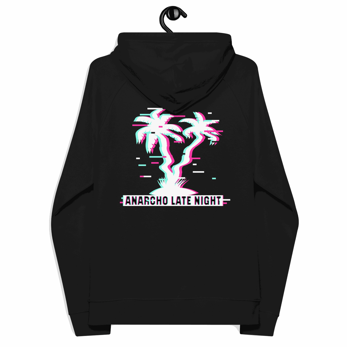 Back view of a black aln hoodie.