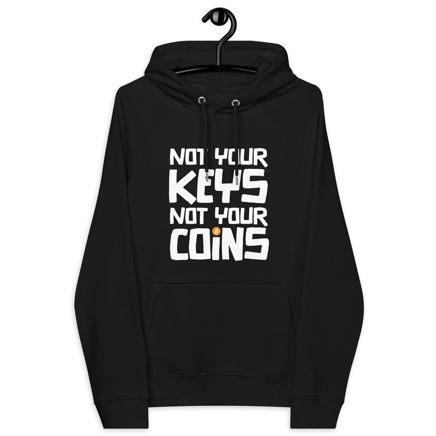 Eco-friendly bitcoin hoodie with Not Your Keys Not Your Coins slogan and multiple certification logos