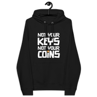 Eco-friendly bitcoin hoodie with Not Your Keys Not Your Coins slogan and multiple certification logos
