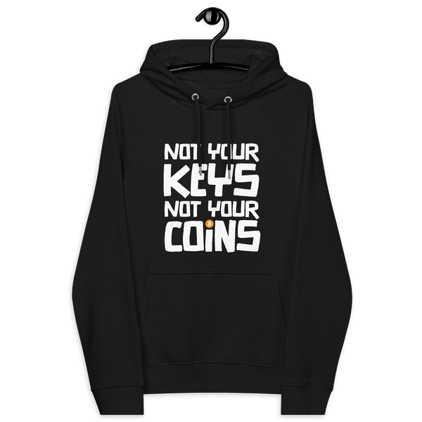 Eco-friendly bitcoin hoodie with Not Your Keys Not Your Coins slogan and multiple certification logos