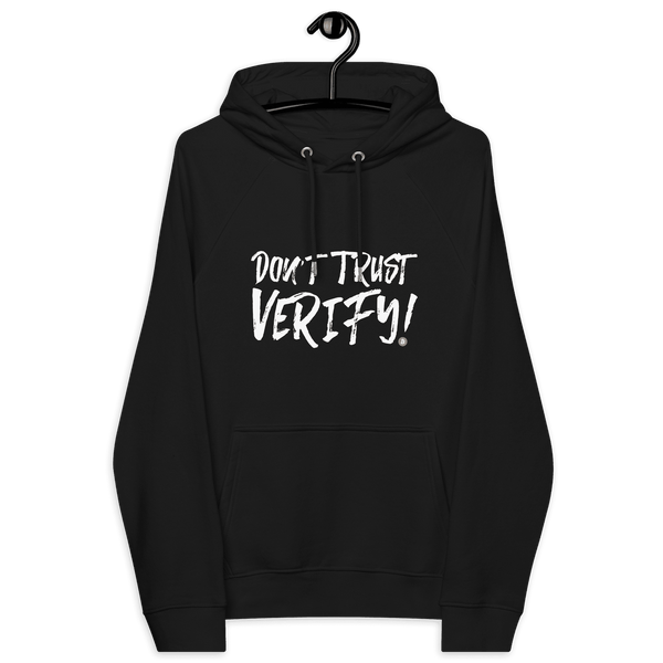 Don't Trust Verify sustainable bitcoin hoodie certifications icons ECO PETA GOTS OCS GRS