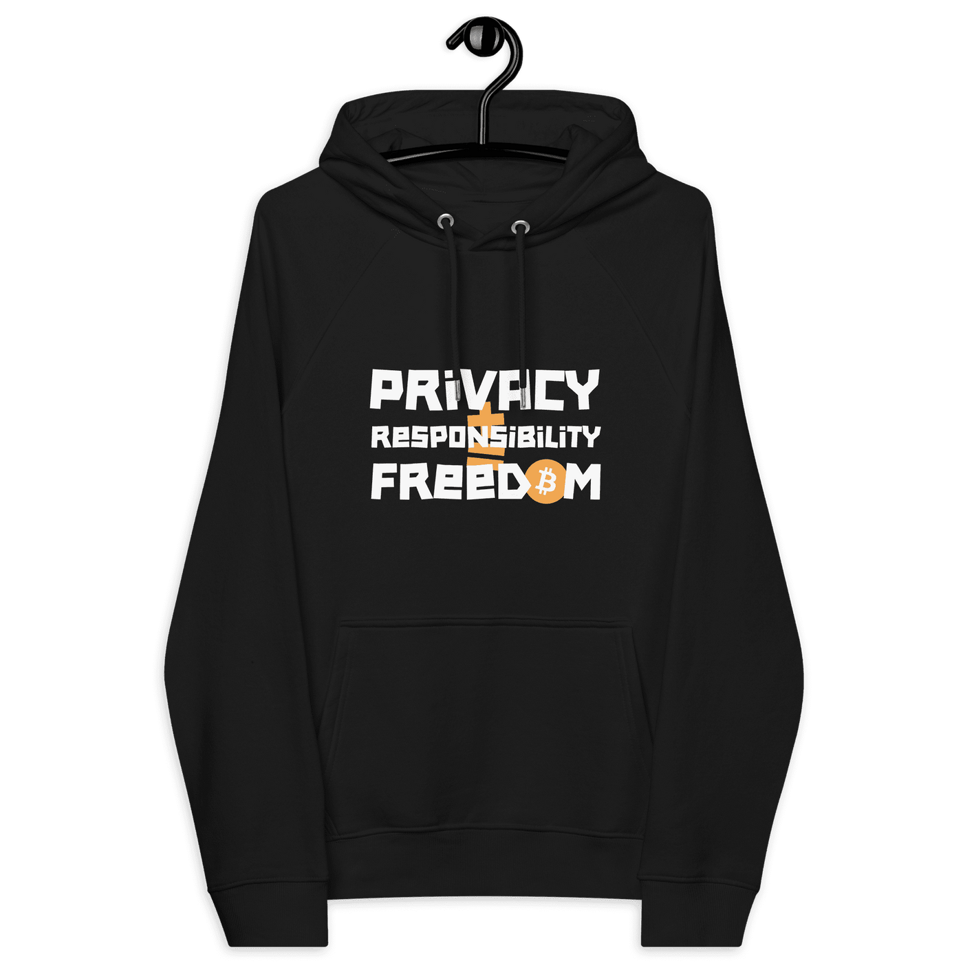 Eco-friendly raglan hoodie with Privacy Responsibility Freedom bitcoin design and organic certifications