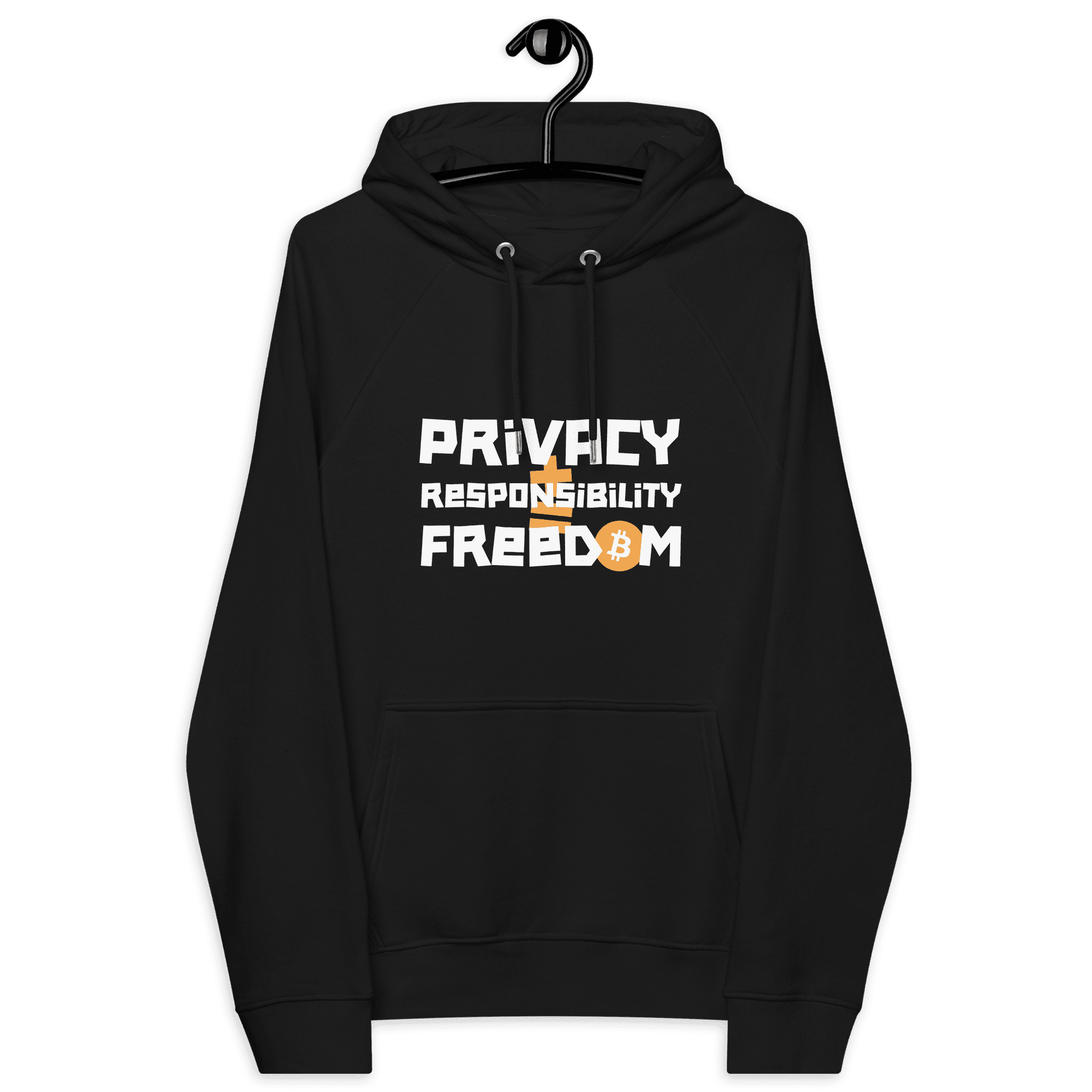 Front view of a black bitcoin hoodie.