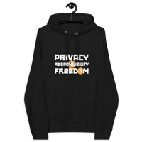 Eco-friendly raglan hoodie with Privacy Responsibility Freedom bitcoin design and organic certifications