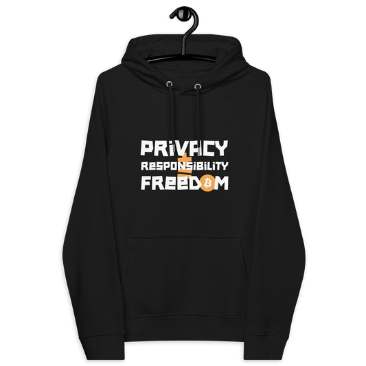 Front view of a black bitcoin hoodie.