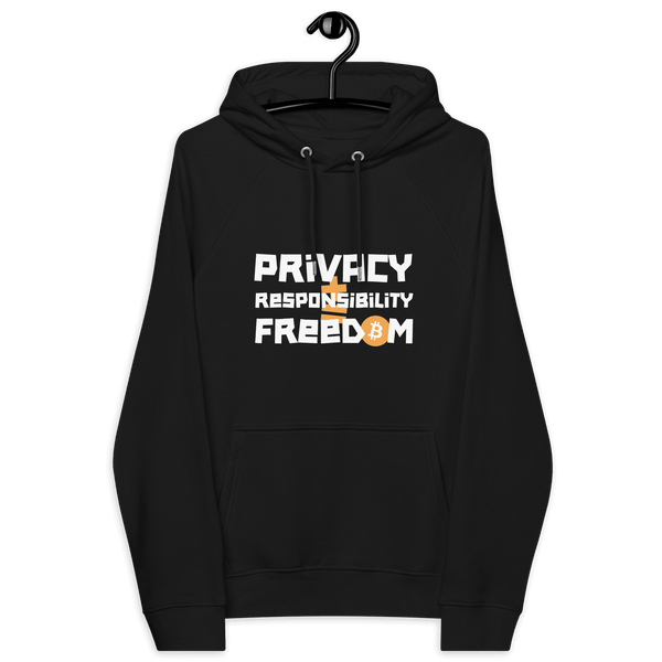 Eco-friendly raglan hoodie with Privacy Responsibility Freedom bitcoin design and organic certifications