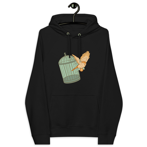 Eco-friendly Escape from Fiat Madness bitcoin hoodie with certification logos