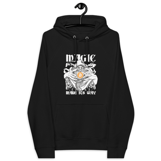 Front view of a black bitcoin hoodie.