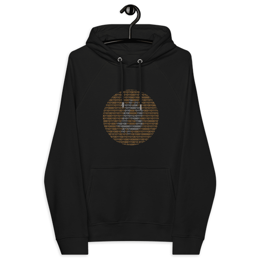 Front view of a black bitcoin hoodie.