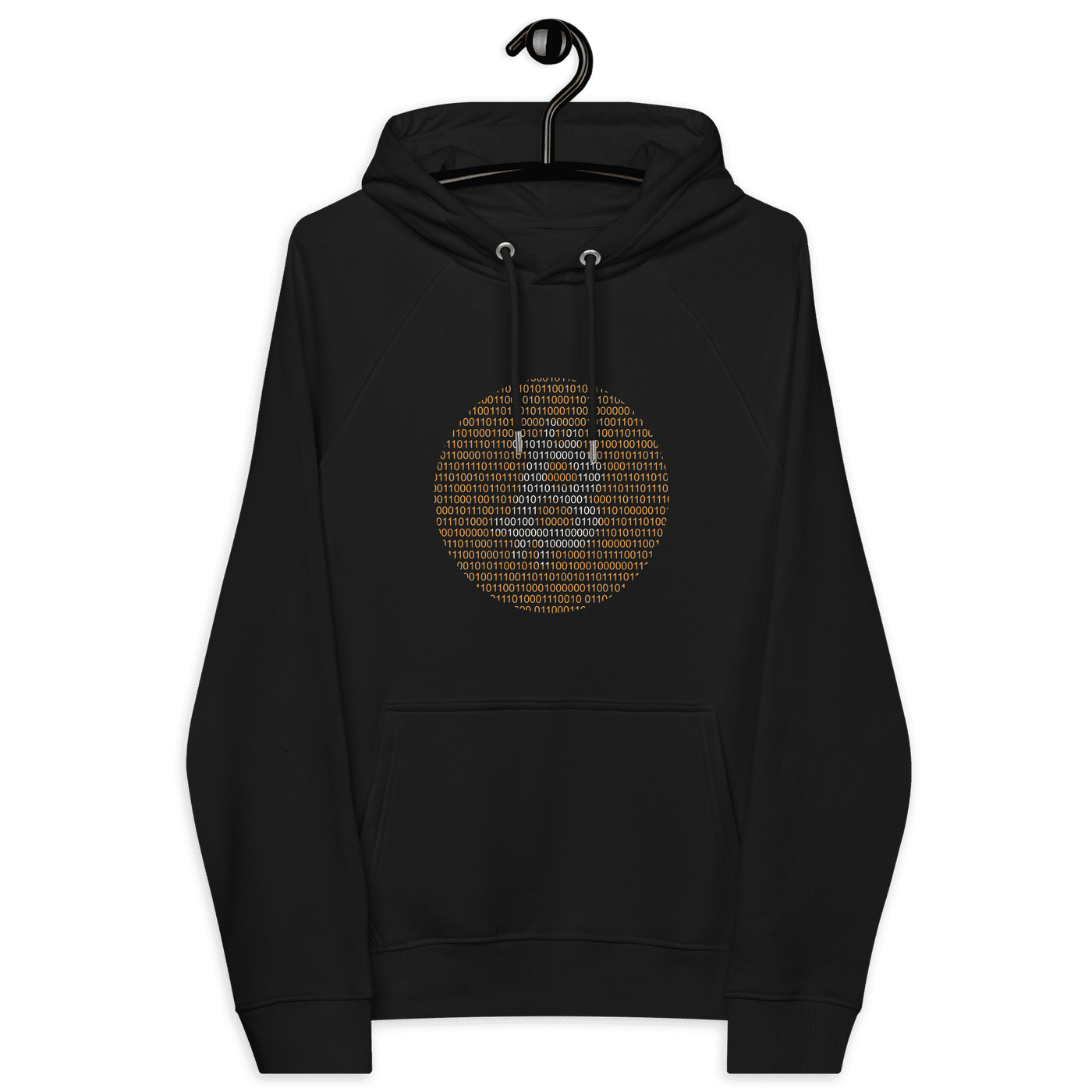 Eco-friendly Bitcoin Binary hoodie with binary code design and certification logos