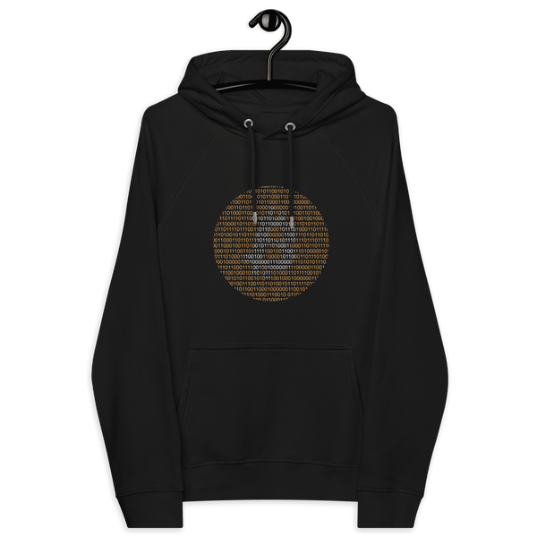 Eco-friendly Bitcoin Binary hoodie with binary code design and certification logos