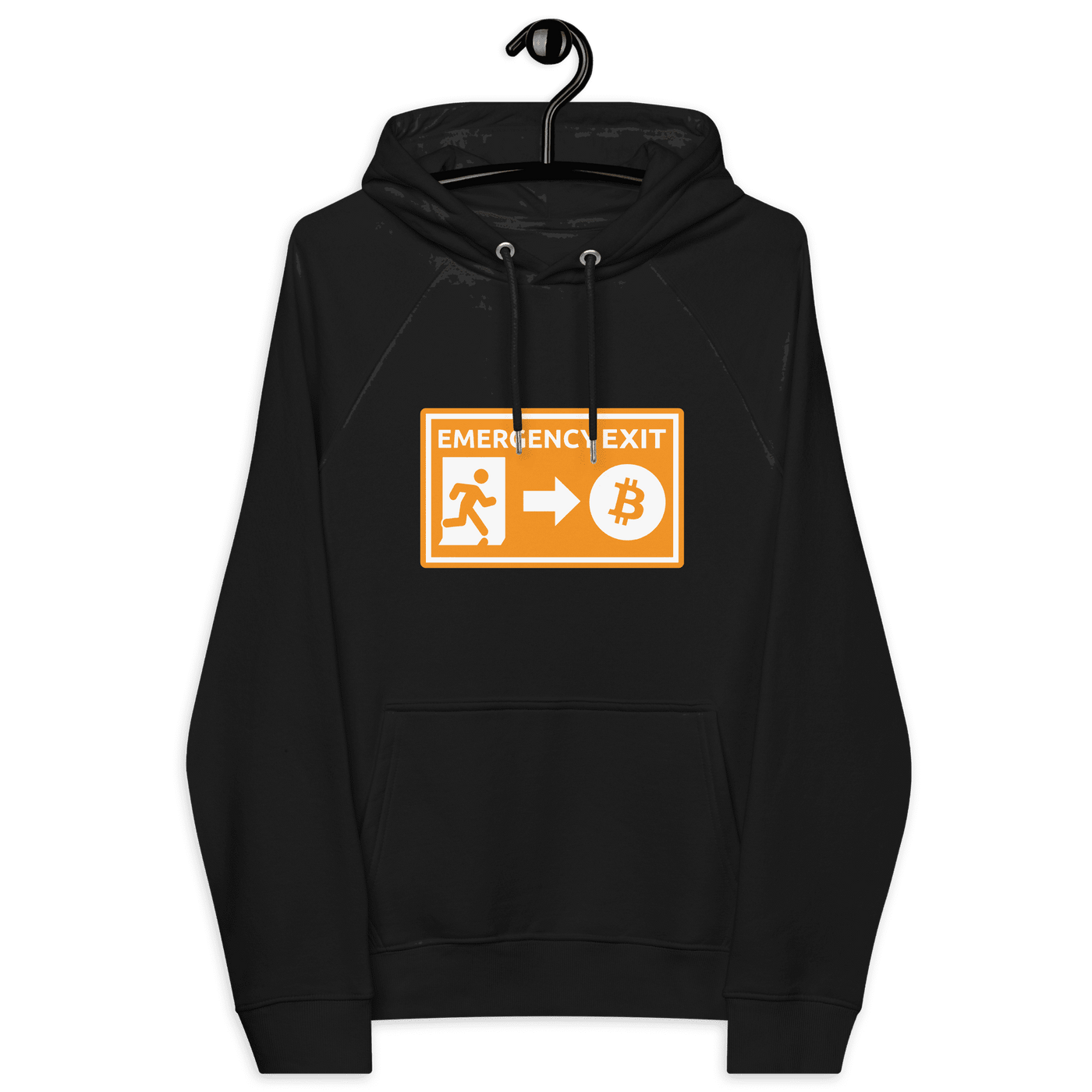 Eco Raglan Bitcoin Hoodie with Emergency Exit message and multiple sustainable certification logos