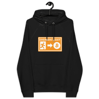 Eco Raglan Bitcoin Hoodie with Emergency Exit message and multiple sustainable certification logos