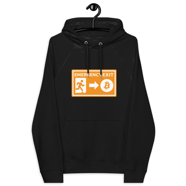 Eco Raglan Bitcoin Hoodie with Emergency Exit message and multiple sustainable certification logos