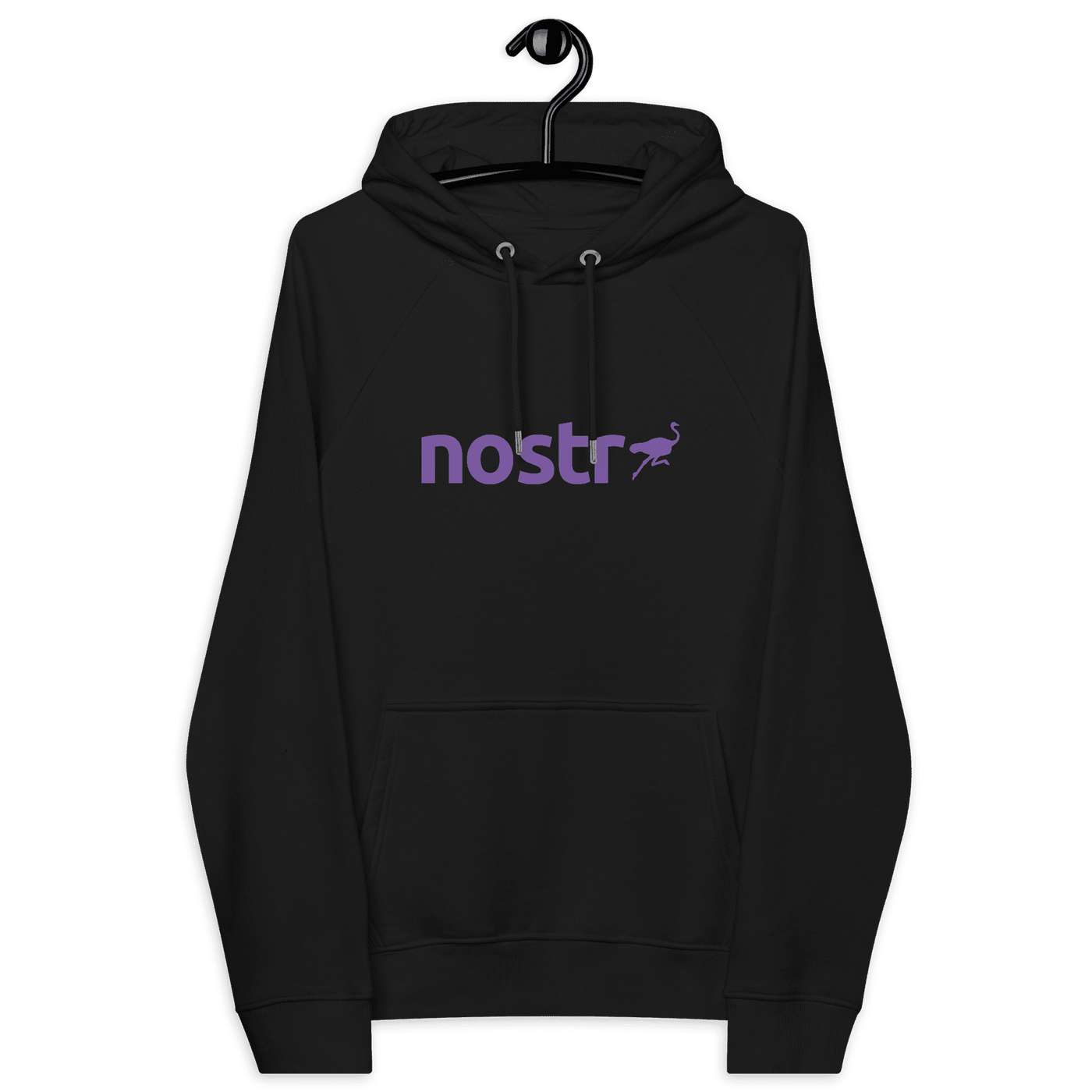 Nostr Eco Raglan hoodie with sustainable certification logos for eco-friendly fashion and censorship-free social network awareness