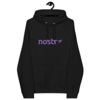 Nostr Eco Raglan hoodie with sustainable certification logos for eco-friendly fashion and censorship-free social network awareness