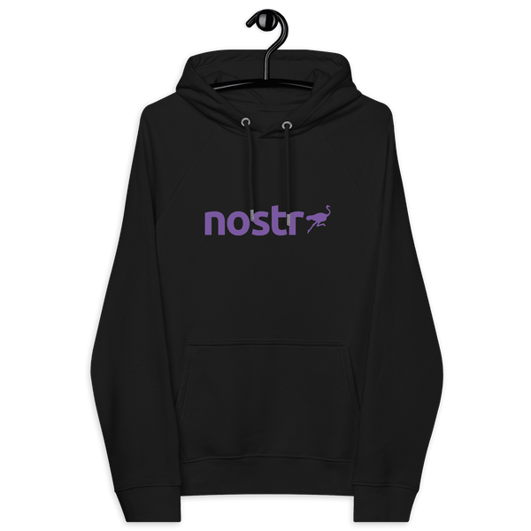 Nostr Eco Raglan hoodie with sustainable certification logos for eco-friendly fashion and censorship-free social network awareness