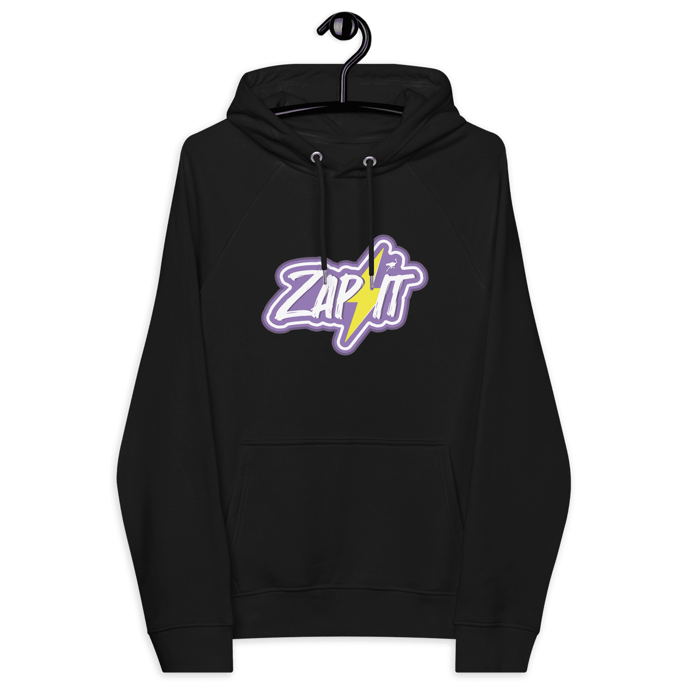 Eco-friendly Zap It Nostr hoodie with multiple sustainable certifications