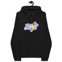 Eco-friendly Zap It Nostr hoodie with multiple sustainable certifications