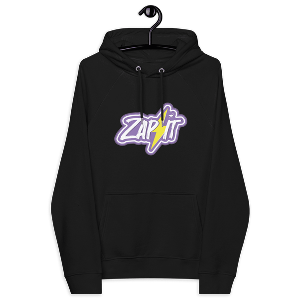 Eco-friendly Zap It Nostr hoodie with multiple sustainable certifications
