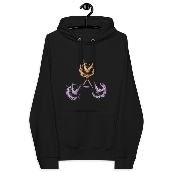 Eco-friendly Freedom Bitcoin Hoodie with Trinity of Freedom design and certification logos