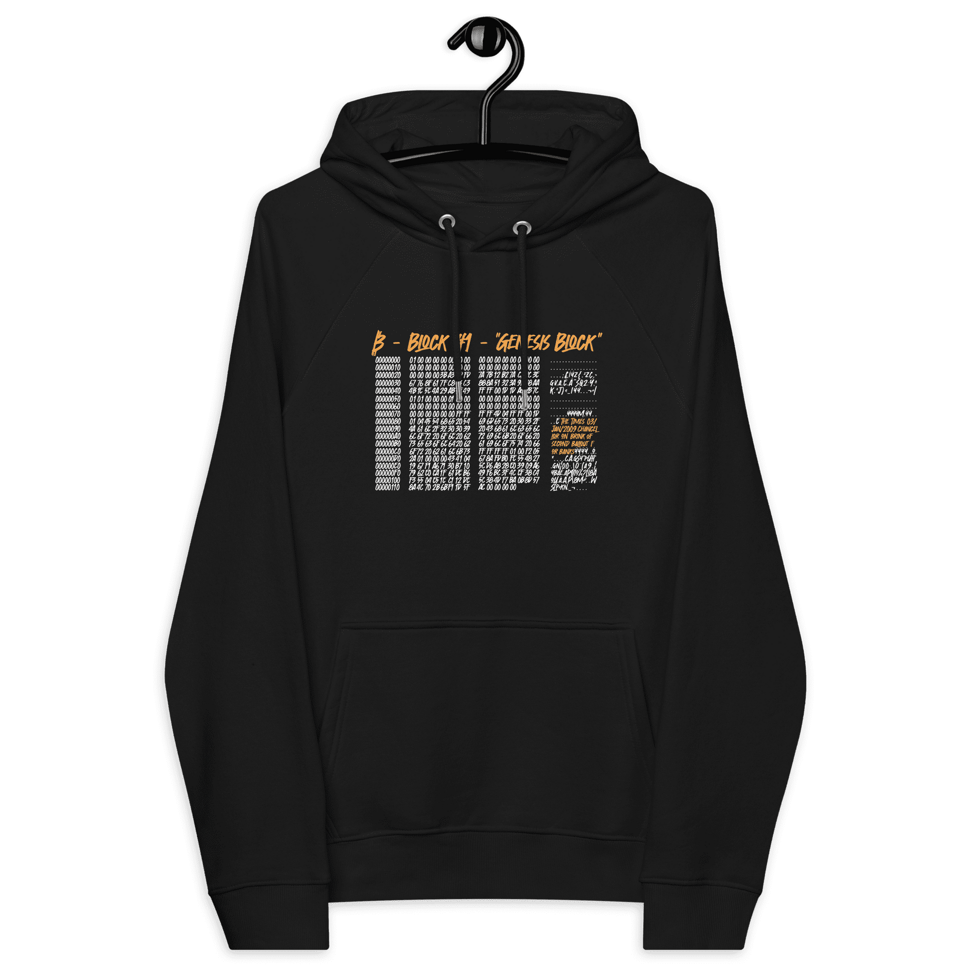 Front view of a black bitcoin hoodie.