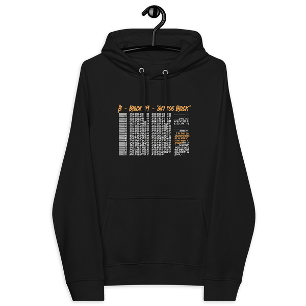 Certifications for Eco Raglan Bitcoin Hoodie featuring Genesis Block design