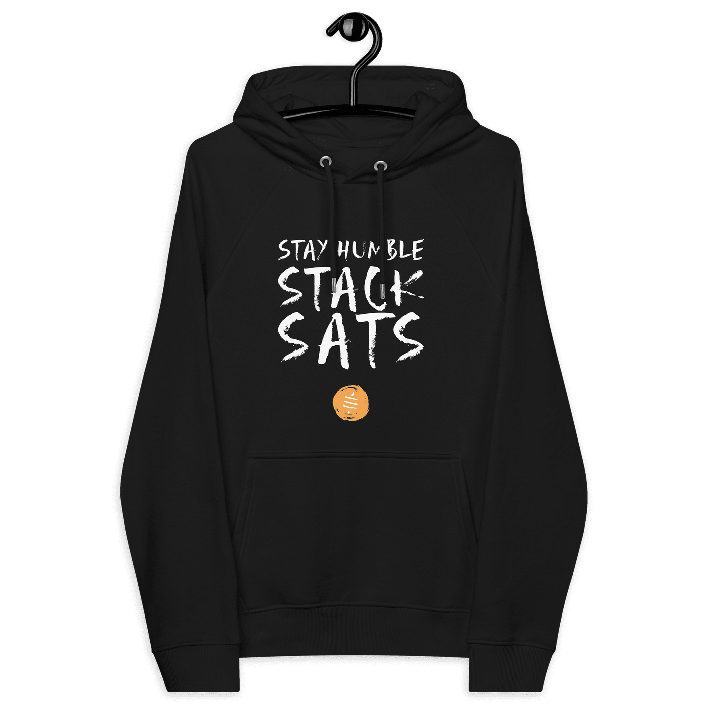 Eco-friendly Stay Humble Stack Sats bitcoin hoodie with certification logos