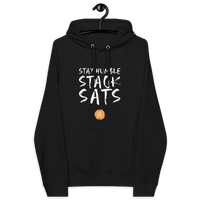 Eco-friendly Stay Humble Stack Sats bitcoin hoodie with certification logos