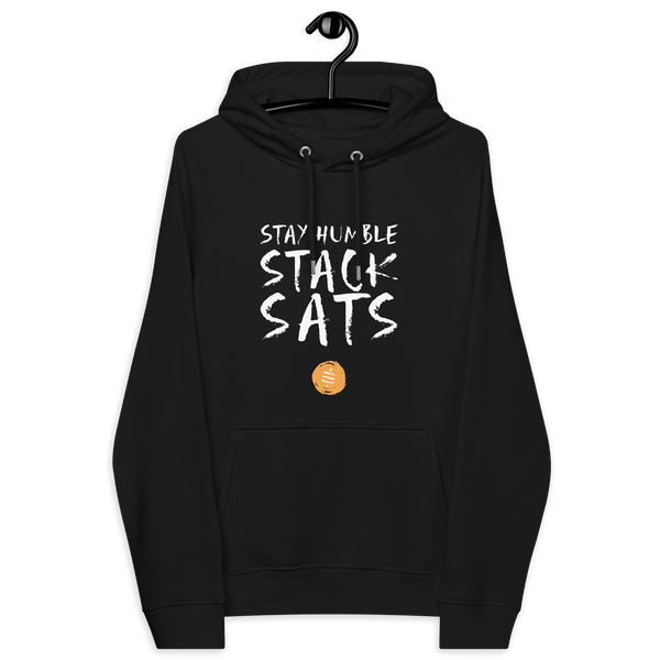 Eco-friendly Stay Humble Stack Sats bitcoin hoodie with certification logos