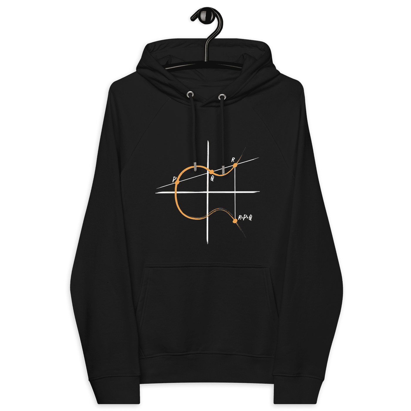 Certification logos for OEKO-TEX, PETA, GOTS, OCS, and GRS on Eco Raglan Bitcoin Hoodie featuring Elliptic Curve Cryptography design