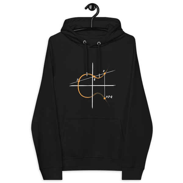 Certification logos for OEKO-TEX, PETA, GOTS, OCS, and GRS on Eco Raglan Bitcoin Hoodie featuring Elliptic Curve Cryptography design