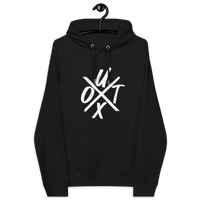 Certification logos for sustainable textile and ethical standards on Eco Raglan Bitcoin Hoodie promoting UTXO management