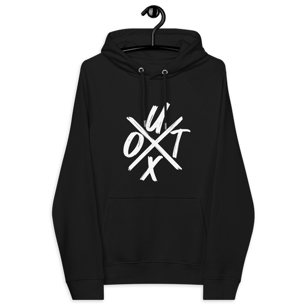 Certification logos for sustainable textile and ethical standards on Eco Raglan Bitcoin Hoodie promoting UTXO management
