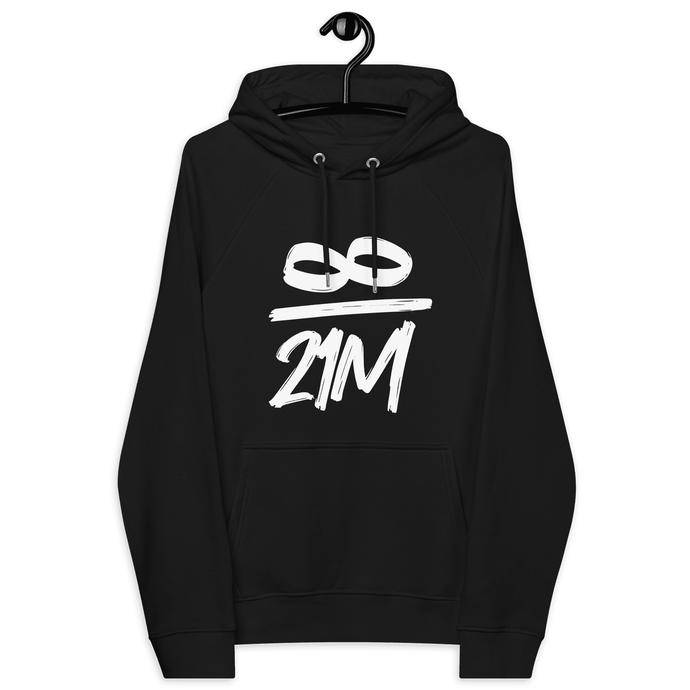 Infinity 21M Eco Raglan Bitcoin hoodie with sustainable certifications logos