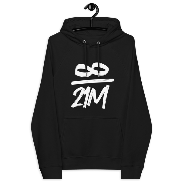 Infinity 21M Eco Raglan Bitcoin hoodie with sustainable certifications logos
