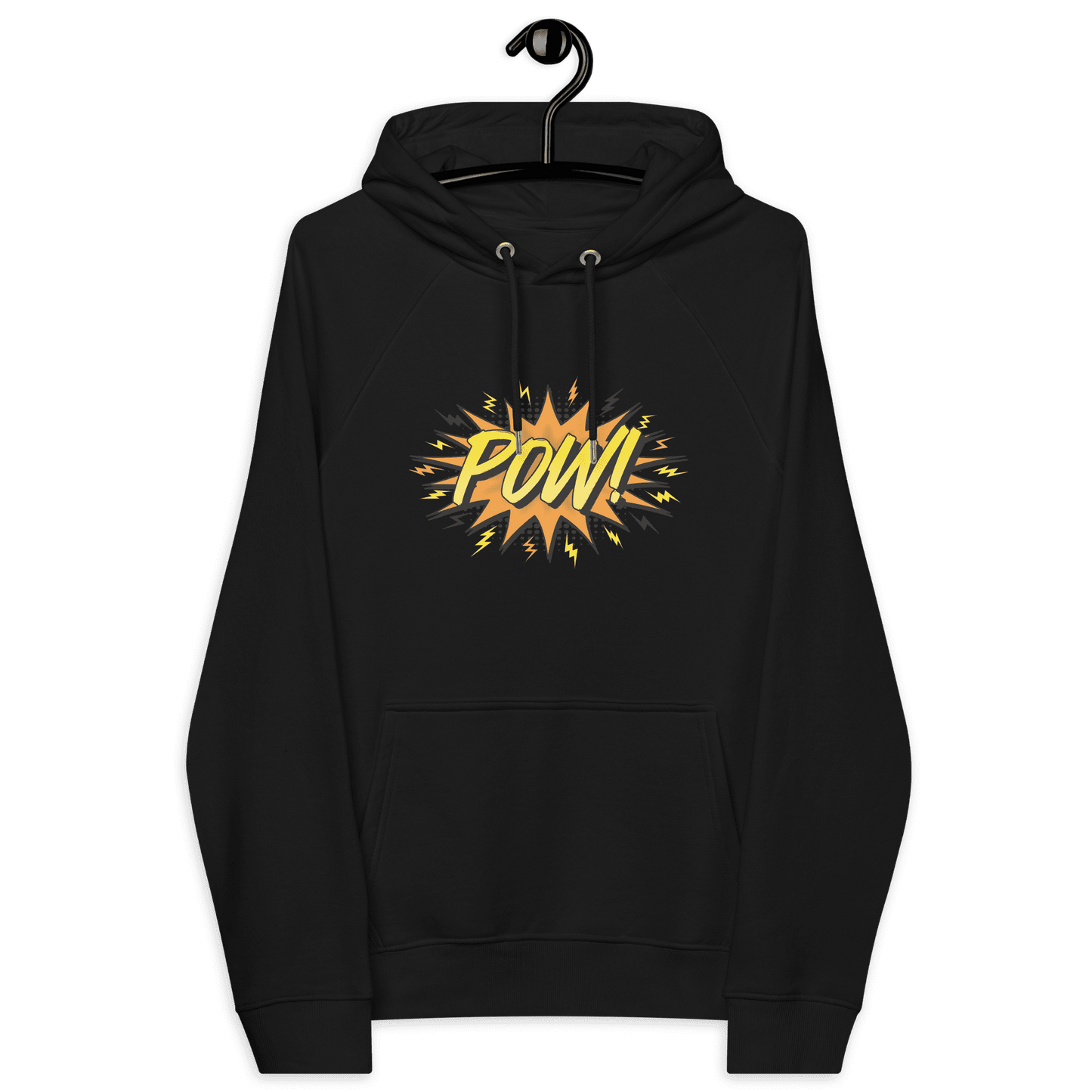 Front view of a black bitcoin hoodie.