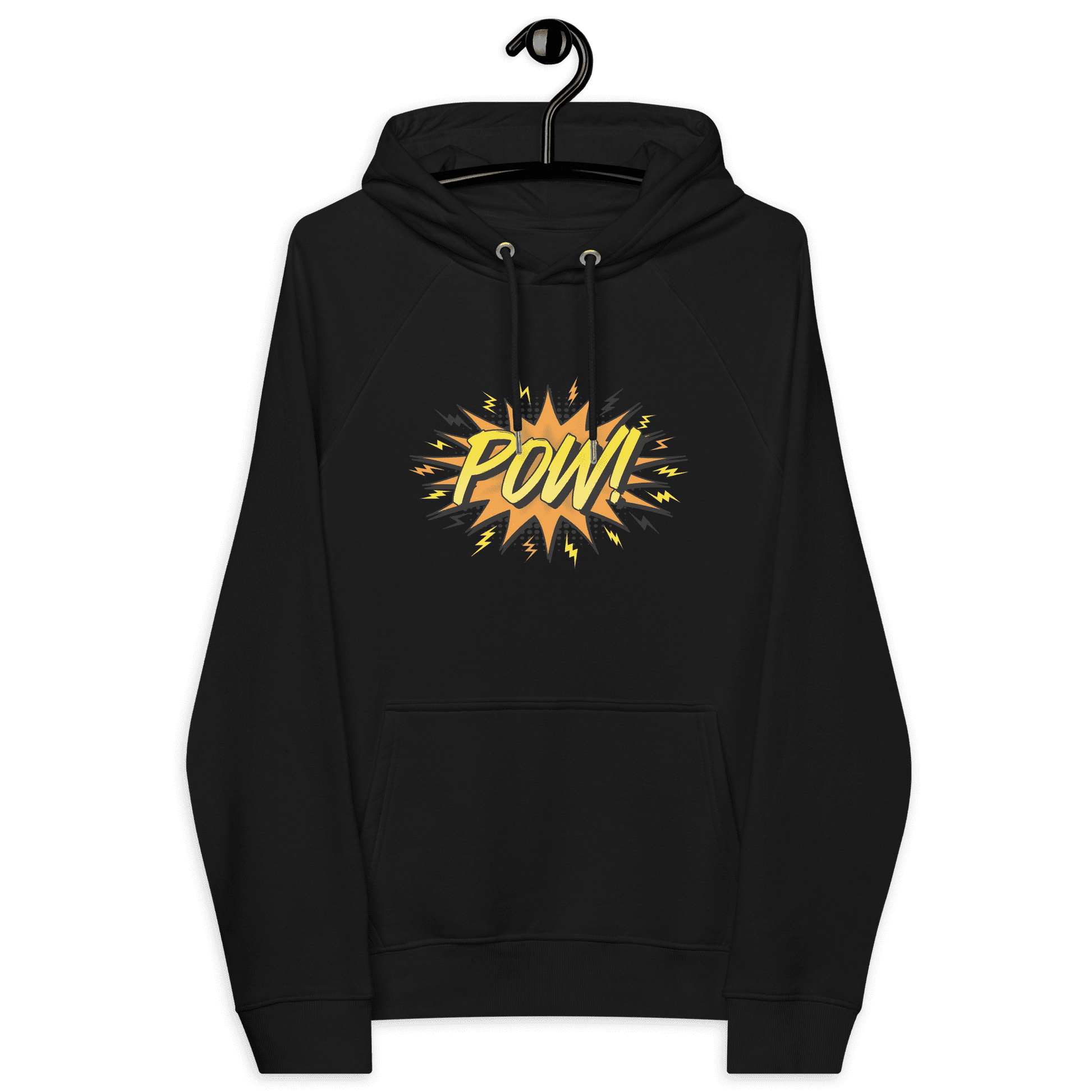 Front view of a black bitcoin hoodie.