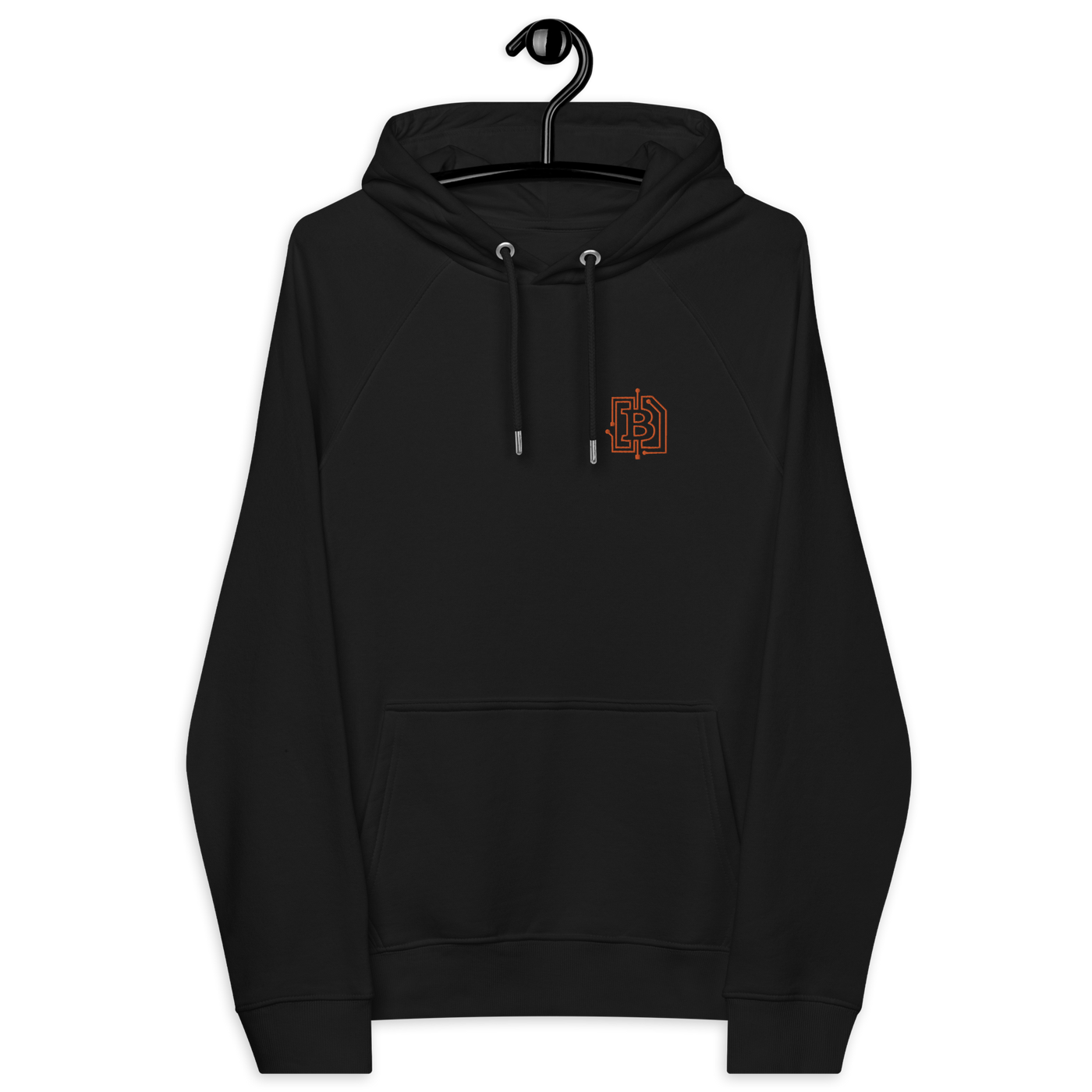 Circuit Board Hoodie with embroidered bitcoin design and eco-friendly certifications